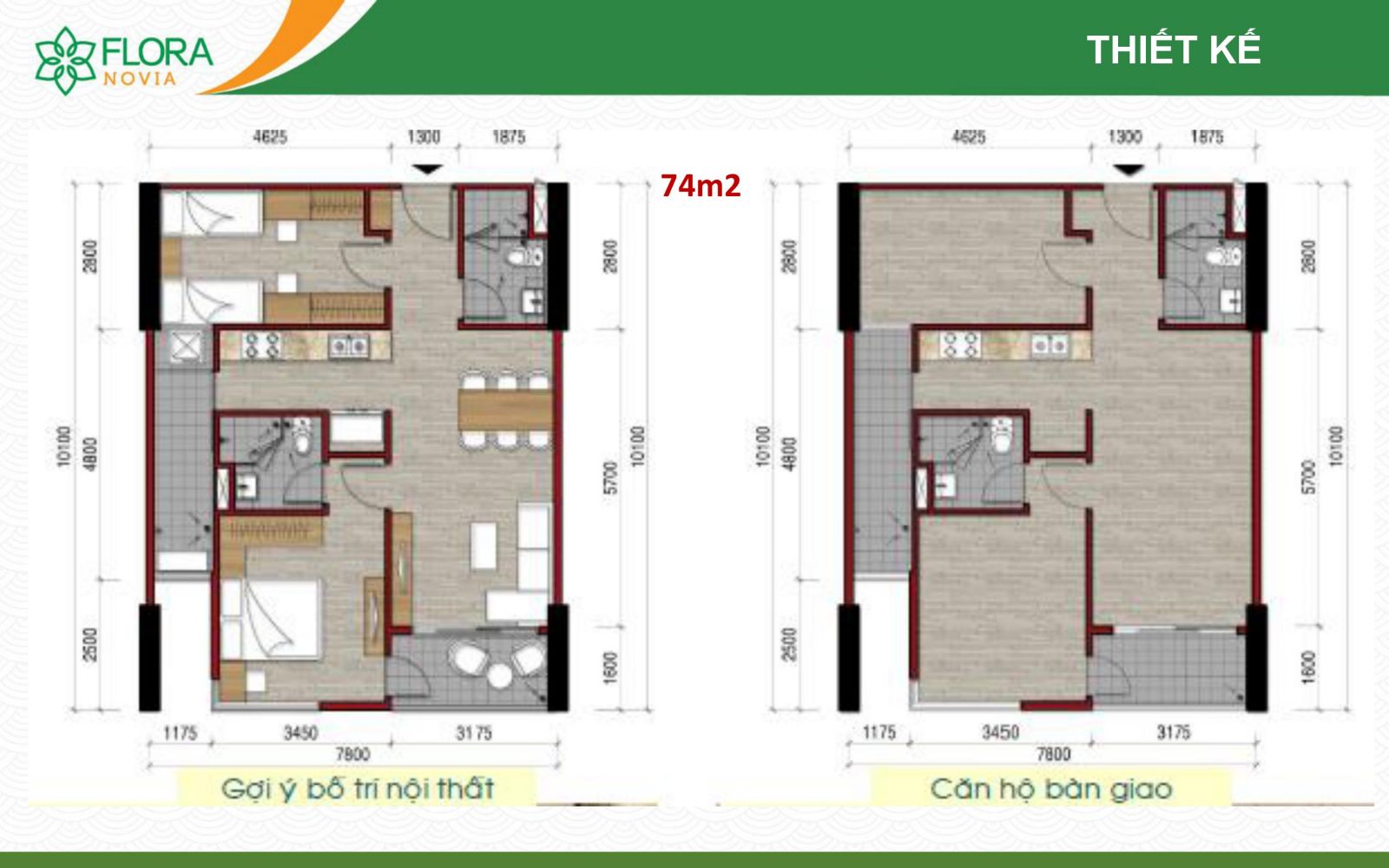 Mẫu Thiết Kế Căn Hộ 2 Phòng Ngủ Flora Novia