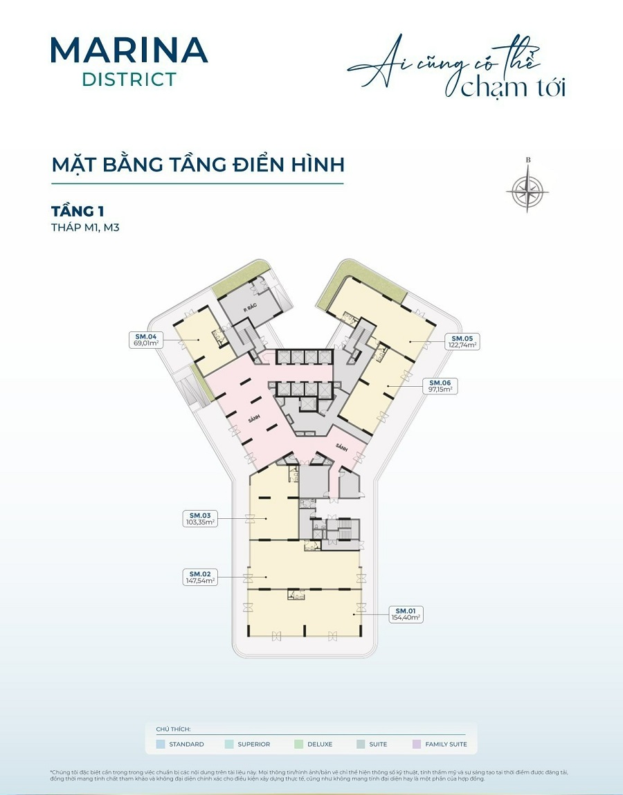 Mặt Bằng Tầng 1 Tháp M1 - M3 Marina District