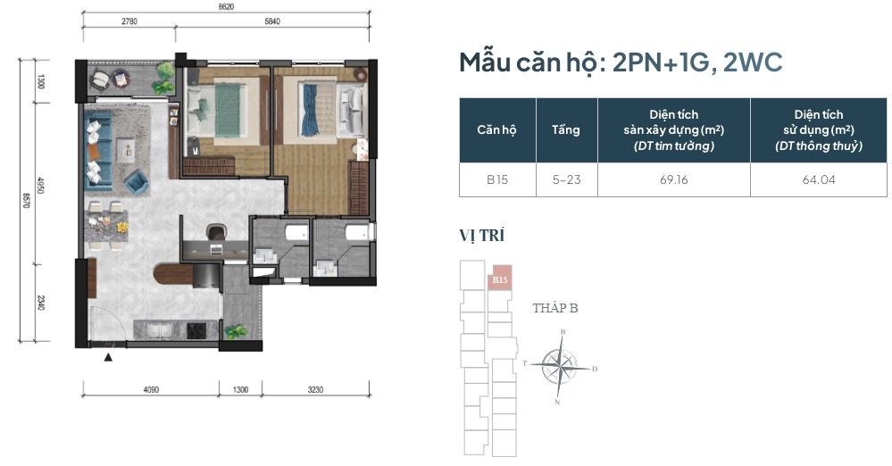 Mẫu Căn 2PN+1, 2WC Block B