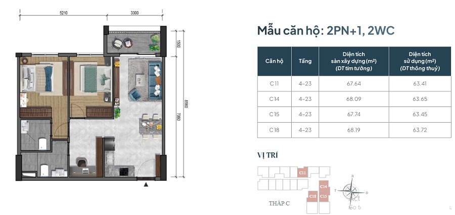 Mẫu Căn 2PN+1, 2WC Block C