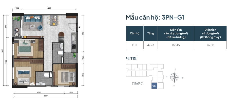 Mẫu Căn 03 Phòng Ngủ Block C