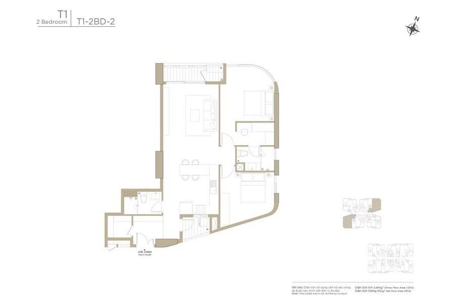 Layout căn hộ Zeit River tòa Tháp T1 – Thiết kế 2 phòng ngủ, loại T1-2BD-2.