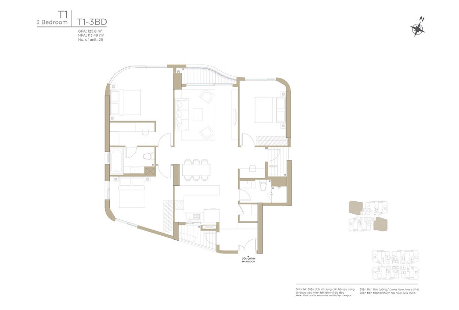Layout căn hộ Zeit River tòa Tháp T1 – Thiết kế 3 phòng ngủ, loại T1-3BD.