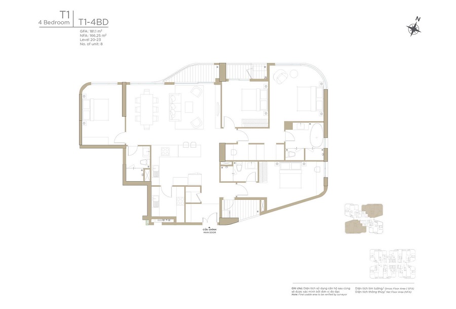 Layout căn hộ Zeit River tòa Tháp T1 – Thiết kế 4 phòng ngủ, loại T1-4BD.