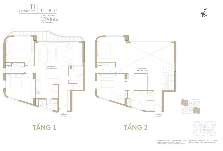 Layout căn hộ Duplex Zeit River tòa Tháp T1 – Thiết kế 4 phòng ngủ, loại T1-DUP.