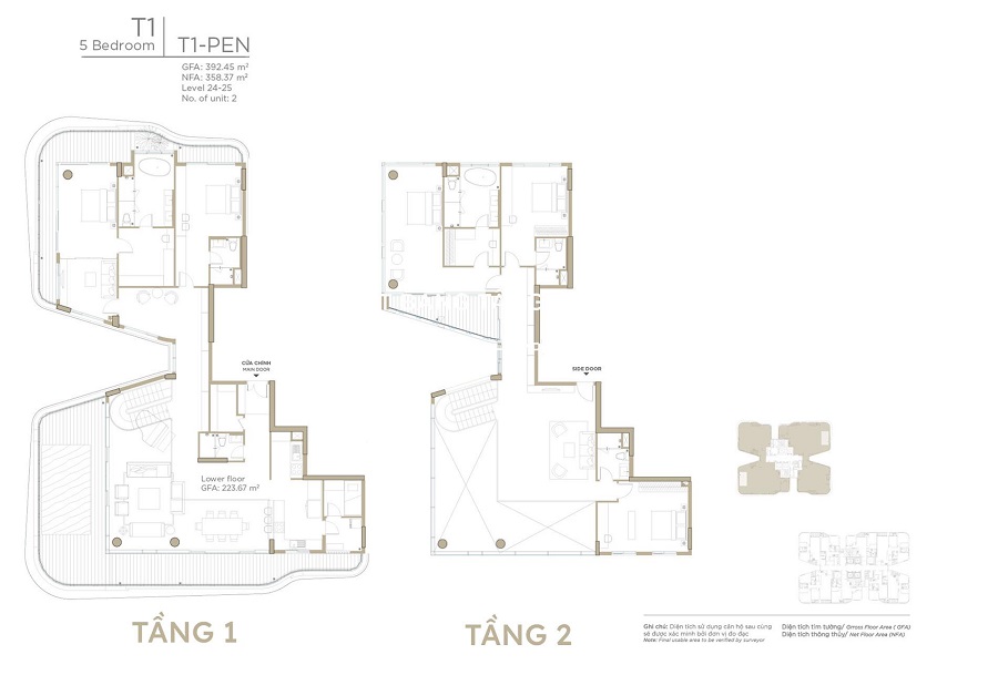 Layout căn hộ Penthouse Zeit River tòa Tháp T1 – Thiết kế 5 phòng ngủ, loại T1-PEN.
