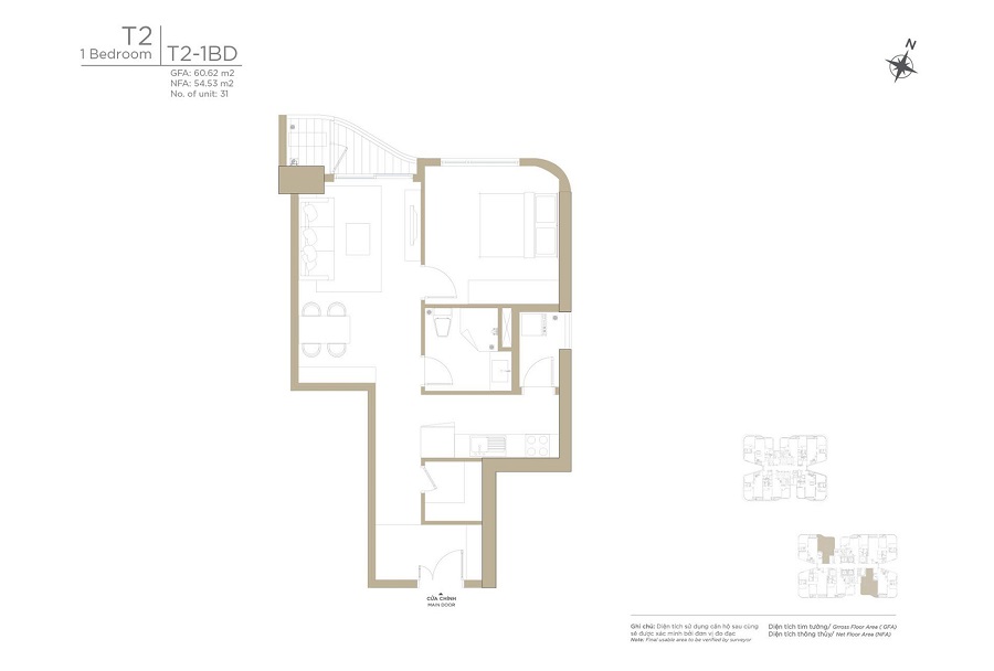 Layout căn hộ Zeit River tòa Tháp T2 – Thiết kế 2 phòng ngủ, loại T2-1BD.