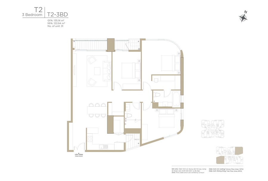 Layout căn hộ Zeit River tòa Tháp T2 – Thiết kế 3 phòng ngủ, loại T2-3BD.