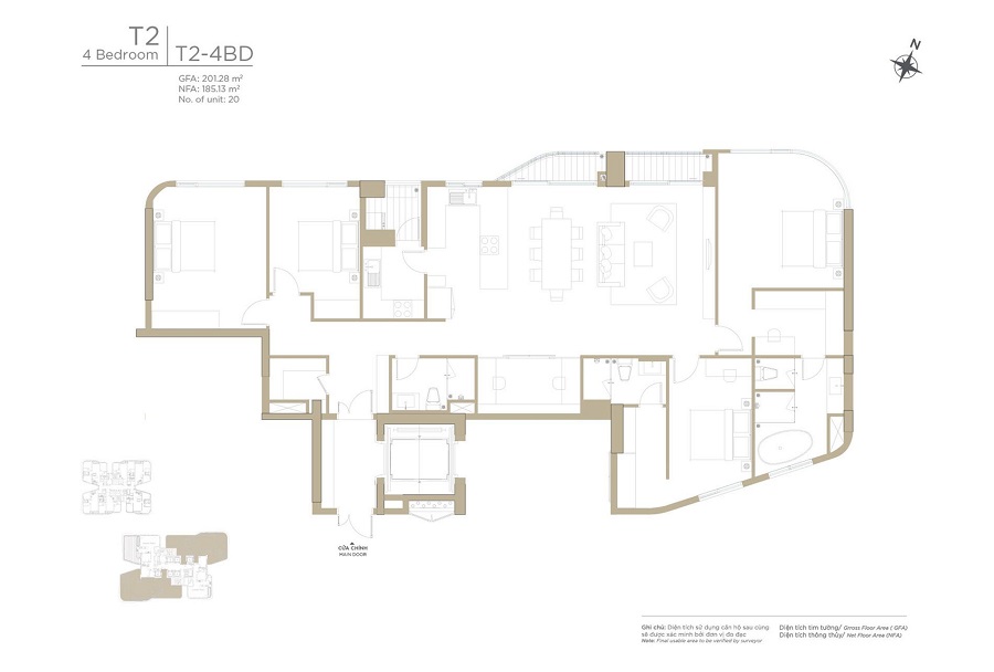 Layout căn hộ Zeit River tòa Tháp T2 – Thiết kế 4 phòng ngủ, loại T2-4BD.