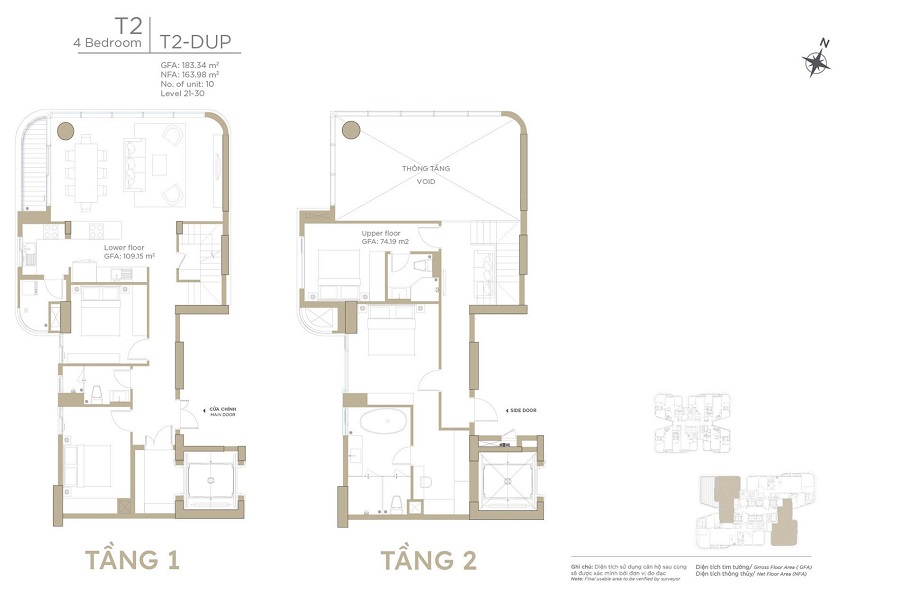 Layout căn hộ Duplex Zeit River tòa Tháp T2 – Thiết kế 4 phòng ngủ, loại T2-DUP.