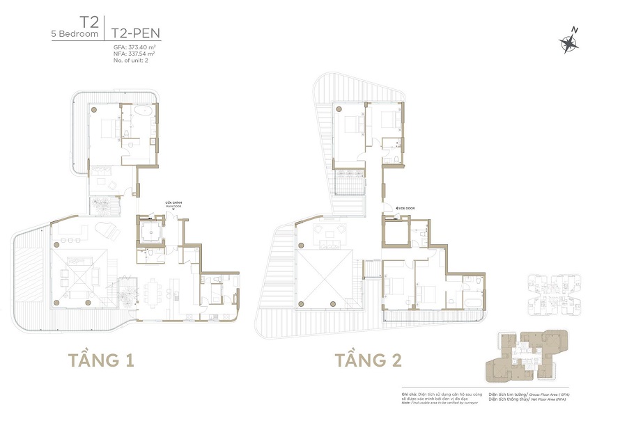 Layout căn hộ Penthouse Zeit River tòa Tháp T2 – Thiết kế 5 phòng ngủ, loại T2-PEN.